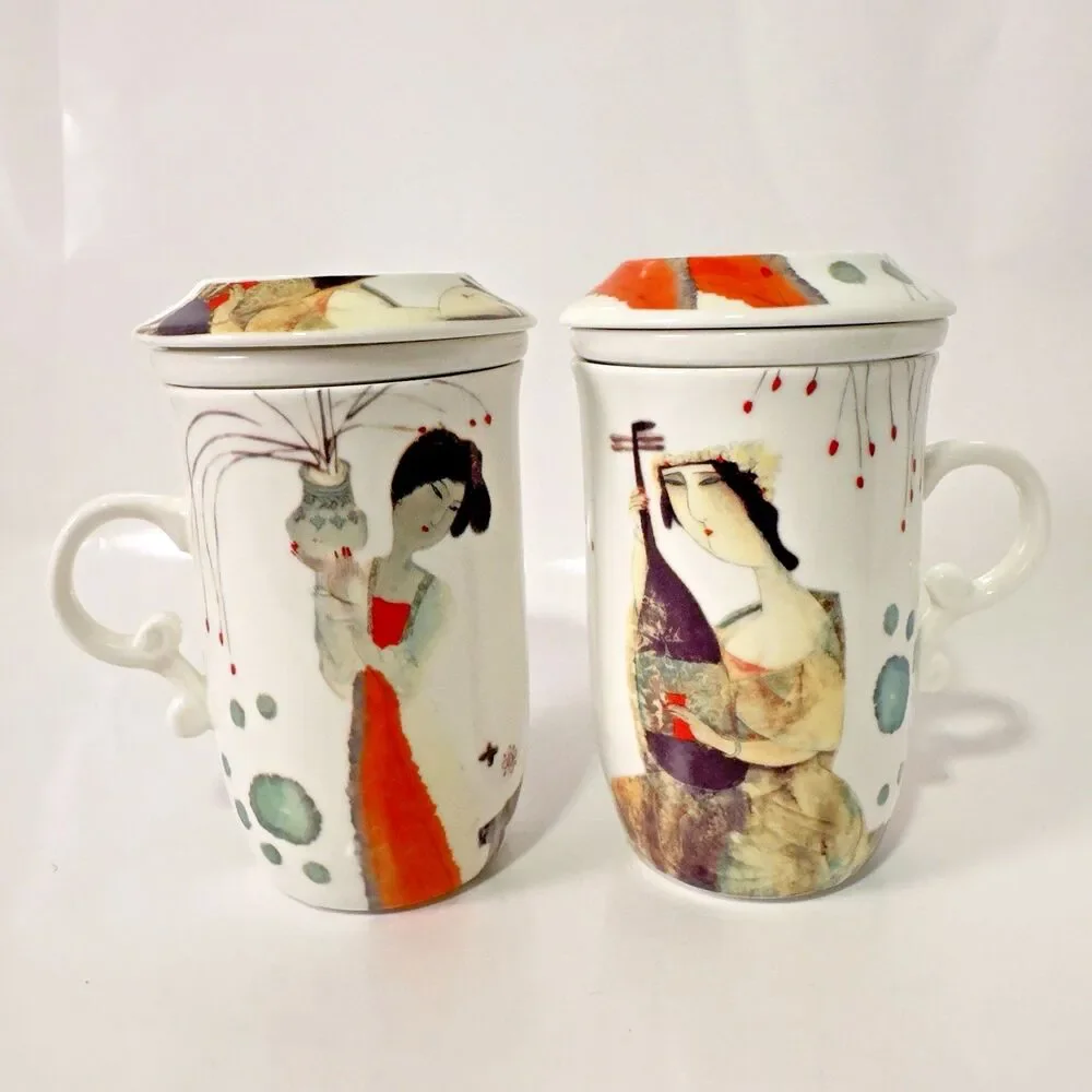Teavana 3 Piece Tea Cup Mug New Bone China Infuser Strainer Lid‎ Floral Vintage